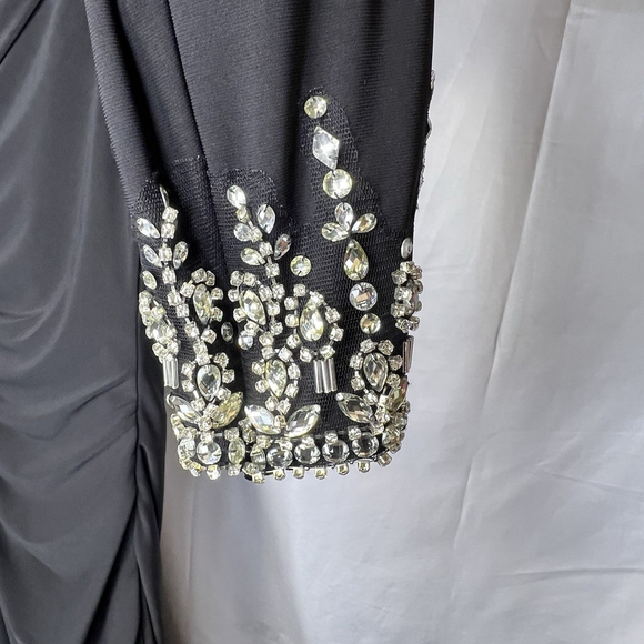 Mac Duggal Black Foldover Long Sleeve Jeweled Midi Dress One-Shoulder Long 10 - Picture 10 of 16